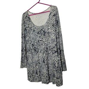 Peruvian Connection Long Sleeve Paisley Floral Dress Navy White Pockets Cotton M